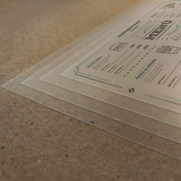 menus em PVC ou papel vegetal